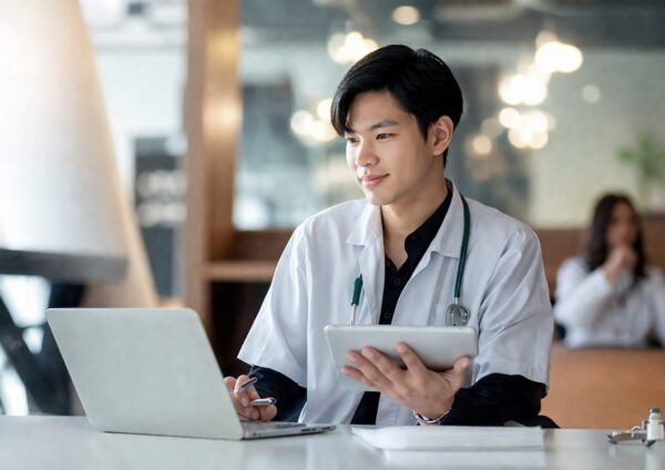 Doctor using laptop and tablet for MRCOG course preparation and online medical learning